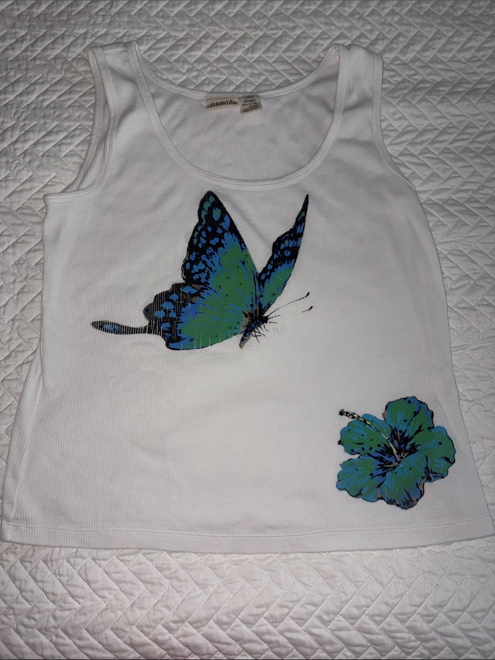 St. John's Bay Vintage White Tank with Blue and Green Butterflies Size Large